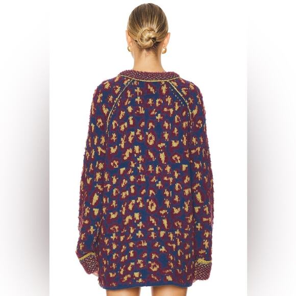 Free People Leopard Little Animal Pullover Crew Neck Sweater Blue Fig Combo XS - Picture 6 of 9
